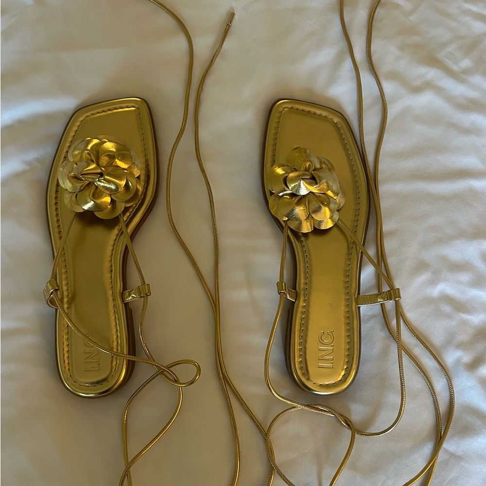 INC International Concepts Metallic Gold Floral Lace-Up Flats